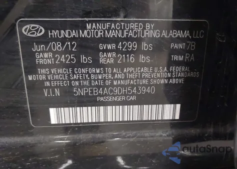 2013 Hyundai Sonata Gls z USA, uszkodzony, nr VIN 5NPEB4AC9DH543940